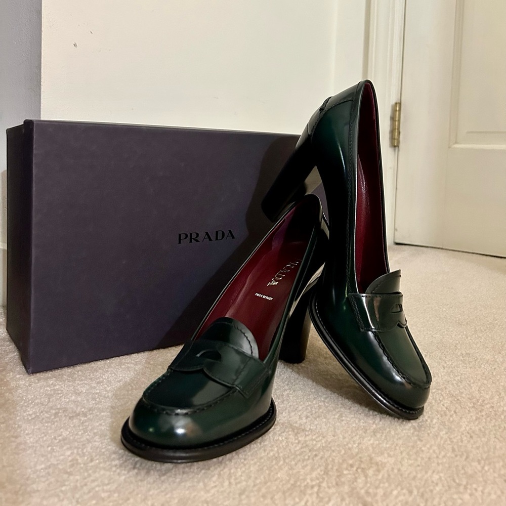 **SOLD**
Prada Vintage Spazzolato Fume High Heel Loafers